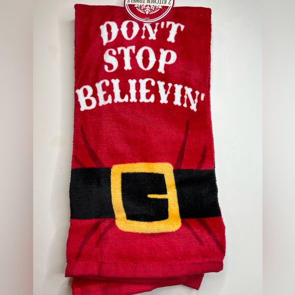 2 Christmas Fat Santa Belly Belt Buckle Kitchen Towels Do’t Stop Believin’ - Picture 4 of 4